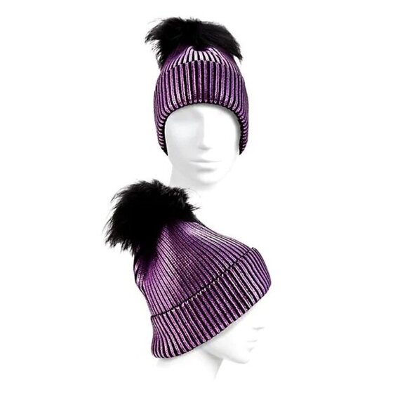 New - ADRIENNE LANDAU Fox Fur Pom-Pom Metallic Beanie Purple Hat - Picture 2 of 2
